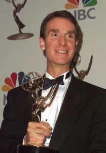 Bill Nye displays his Emmy statuette during the1998 Daytime Emmy Awards at Radio City Music Hall in New York on Friday, May 15, 1998. Nye won for "Outstanding Performer in a Children's Series" for his role in "Bill Nye the Science Guy." (AP Photo/Mark Lennihan)